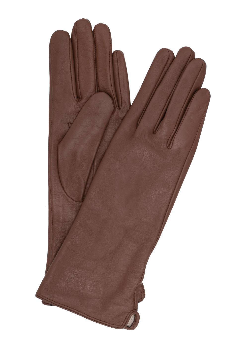 Długie brązowe skórzane rękawiczki damskie REKDS-0082-24(Z23)