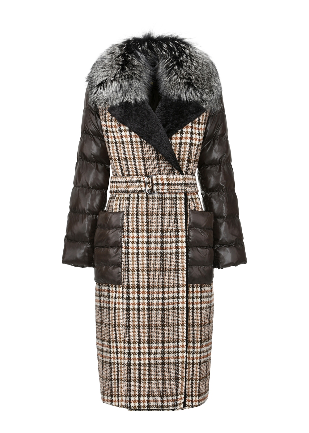 Długi kożuch w kratkę damski KOZDS-0075-1385(Z23) | OCHNIK