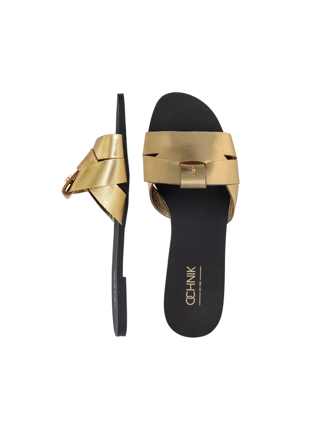 Złote skórzane klapki damskie z plecionką BUTYD-0903A-28(W24