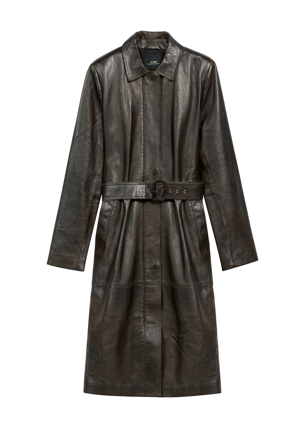 Brązowa długa skórzana kurtka damska KURDS-0544-2868(Z25) | OCHNIK