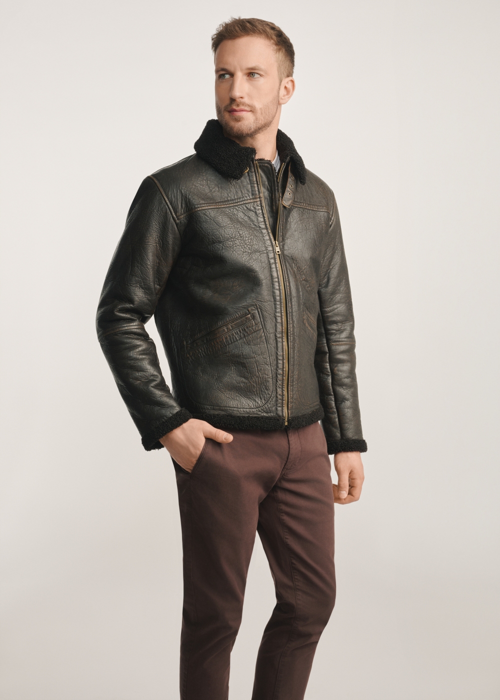 Brązowa skórzana kurtka męska z kożuchem KURMS-0386-0704(Z25) | OCHNIK