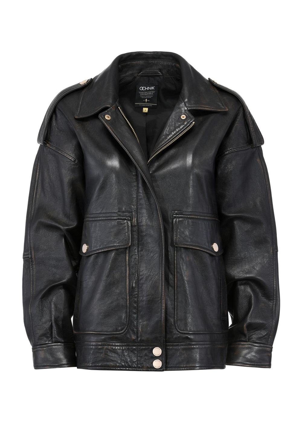 e********nページ Czarna skórzana kurtka w formie płaszcza KURDS-0494-5480(Z24