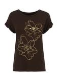 Brązowy T-shirt damski z kwiatowym printem TSHDT-0107-89(W23)