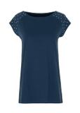 Granatowy T-shirt damski z aplikacją TSHDT-0096-69(W22)