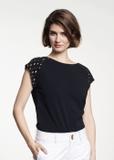 Black T-shirt with gold print for women TSHDT-0060-99(W21)