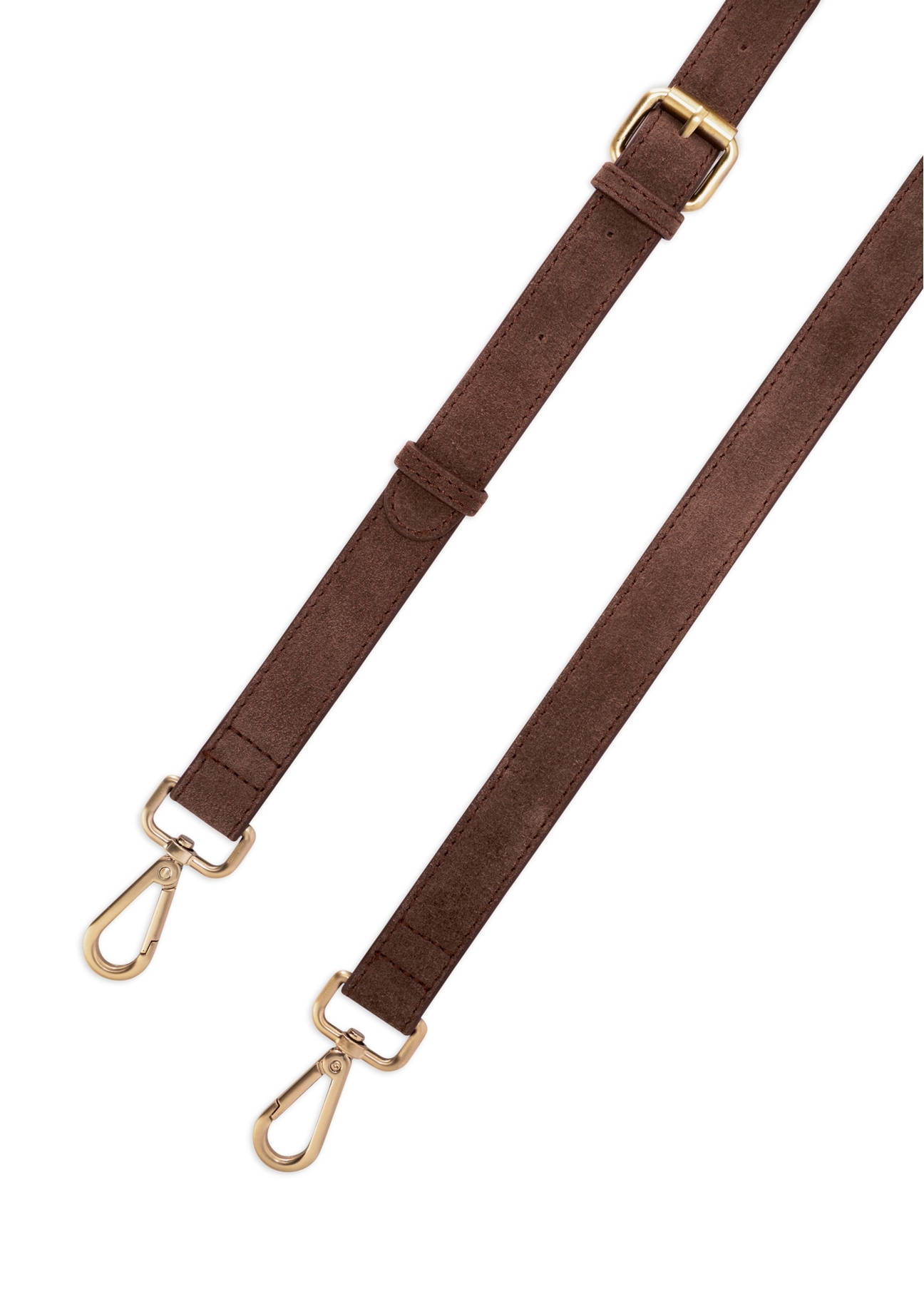 Zamszowa torebka w kolorze brązowym TORES-1191-89(Z25), zbliżenie na pasek produktu, widok na białym tle.