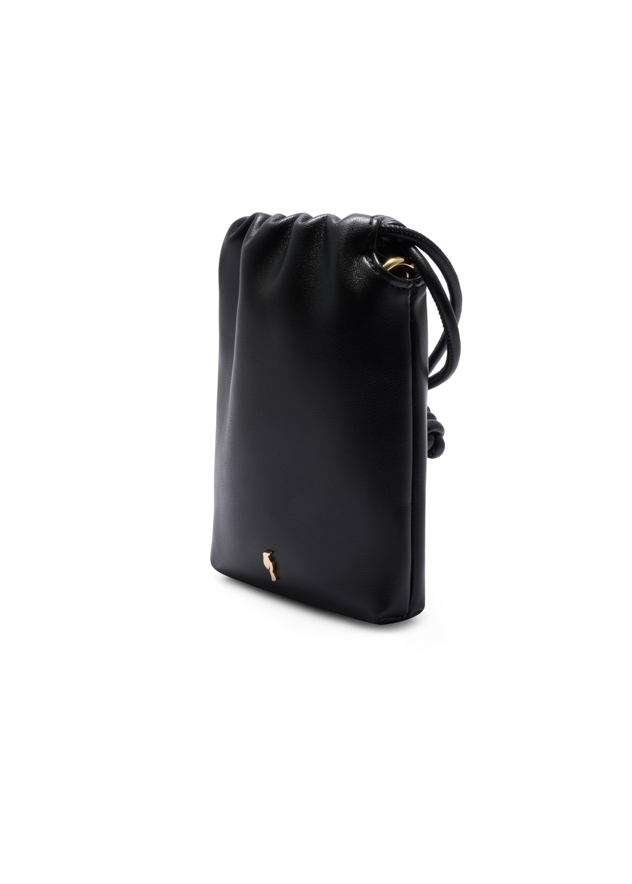 Czarna saszetka na telefon TOREC-1216-99(W26) - widok produktu po skosie, na białym tle. 