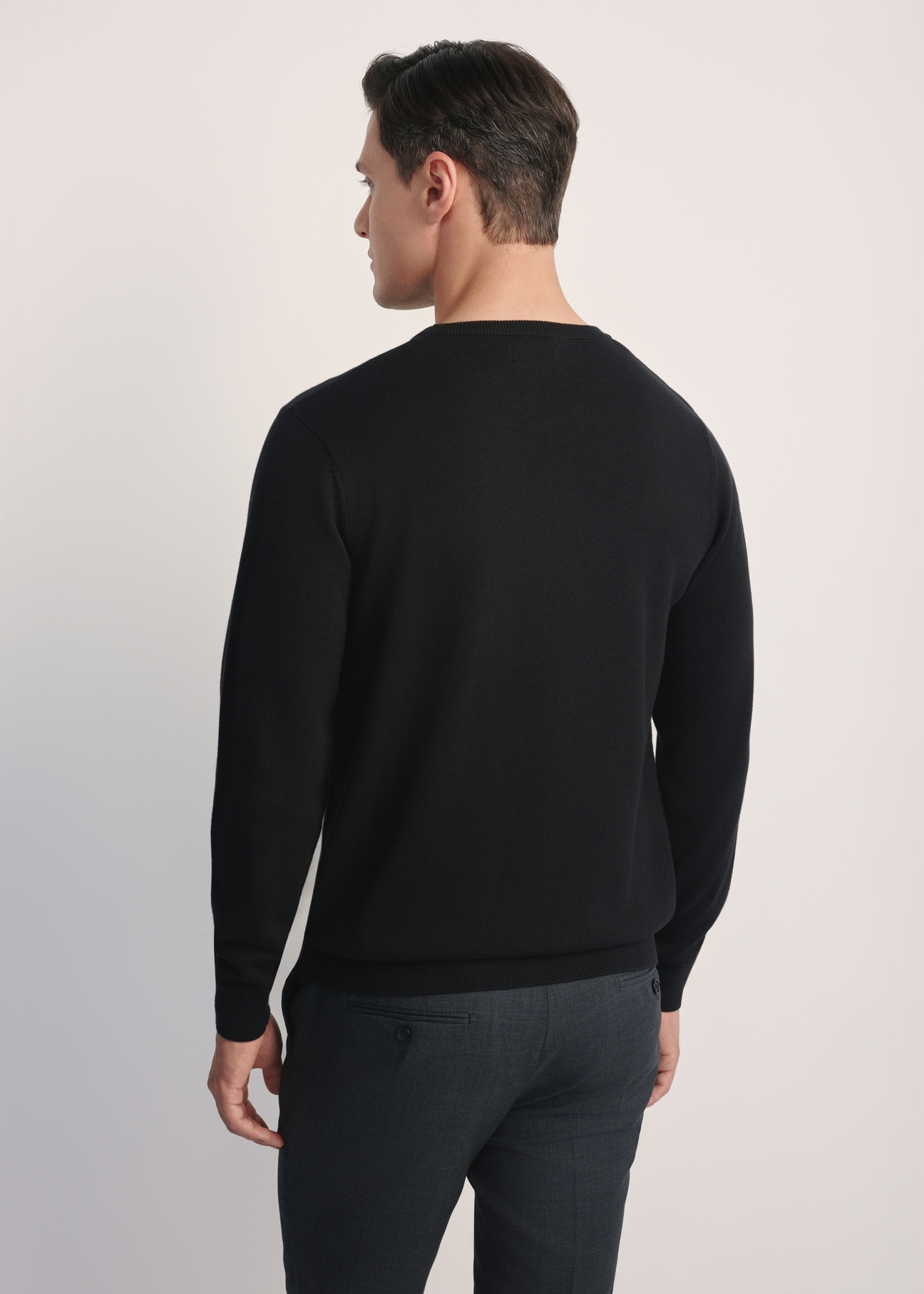 Czarny sweter męski basic SWEMT-0114A-99(Z24), widok produktu od tyłu na modelu, widoczne pół sylwetki.