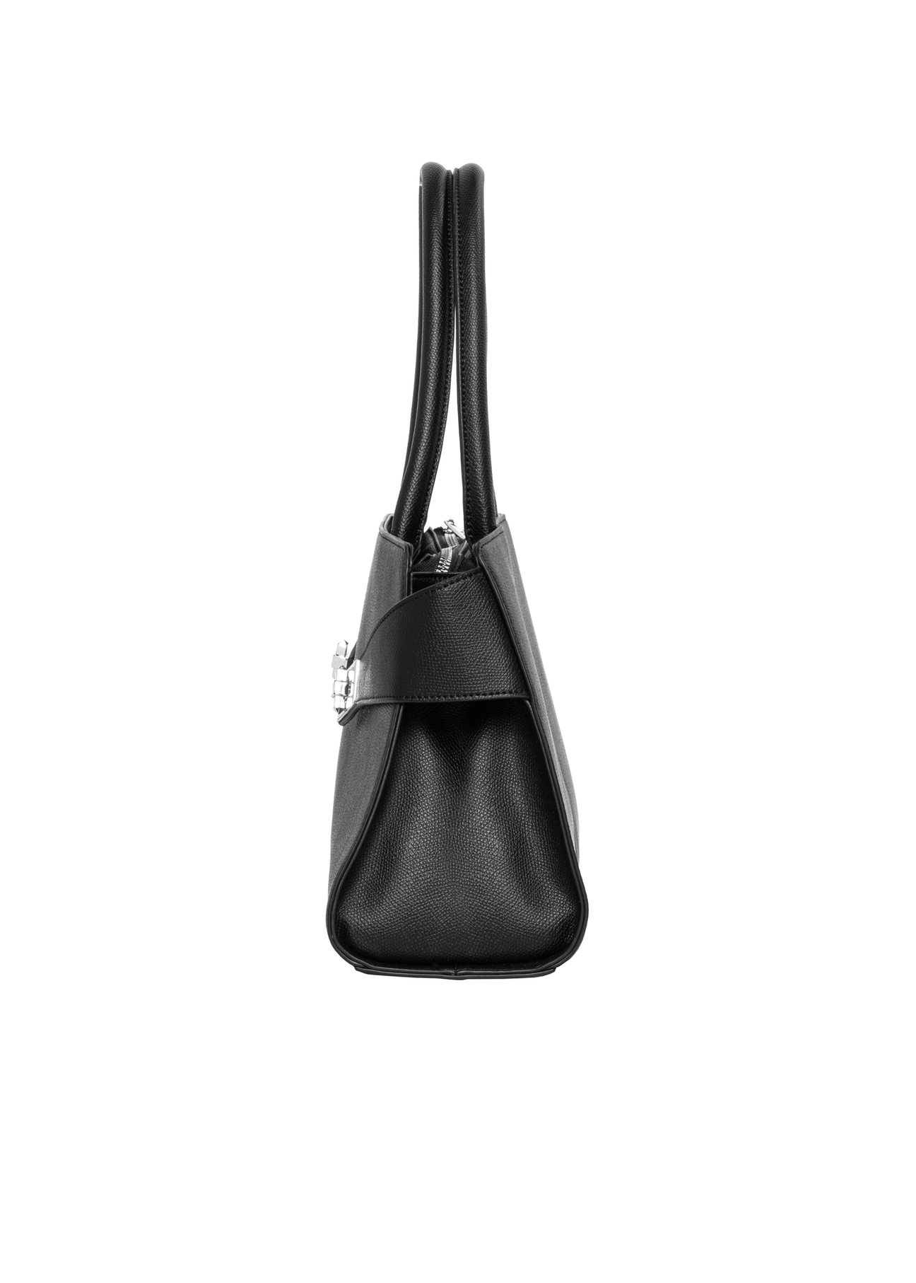 Elegancka czarna torebka damska z ozdobnymi zapięciami TOREC-1374-9I(Z26), widok produktu z boku na białym tle.