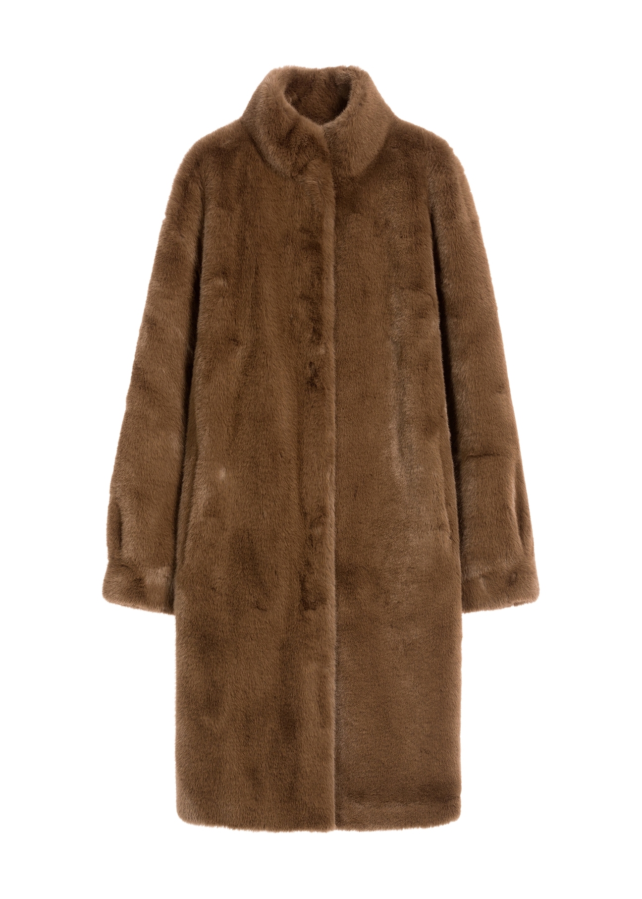 Brązowe eleganckie futro damskie FUTDP-0050-89(Z25), widok produktu od przodu na białym tle.