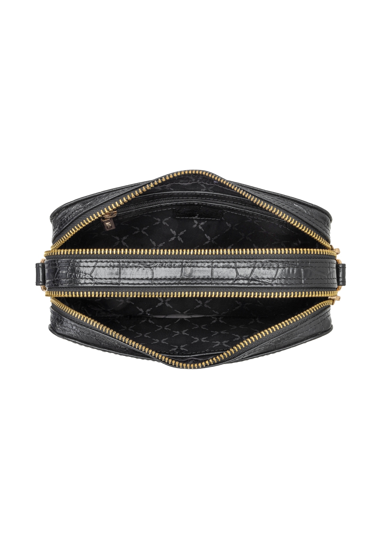 Mała czarna skórzana torebka croco TORES-1231-9G(W26) - widok produktu z góry, na białym tle. 