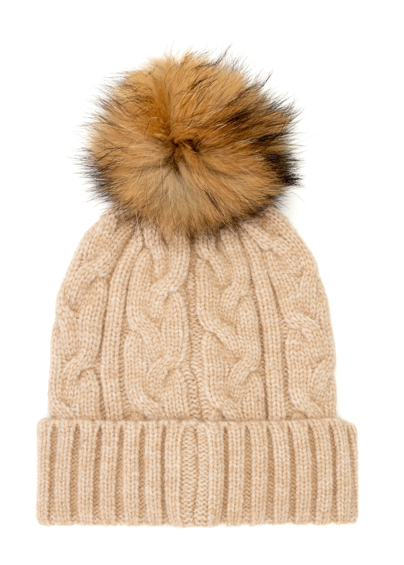 Beżowa czapka damska z futrzanym pomponem CZADT-0044A-81(Z25), widok produktu od tyłu na białym tle.