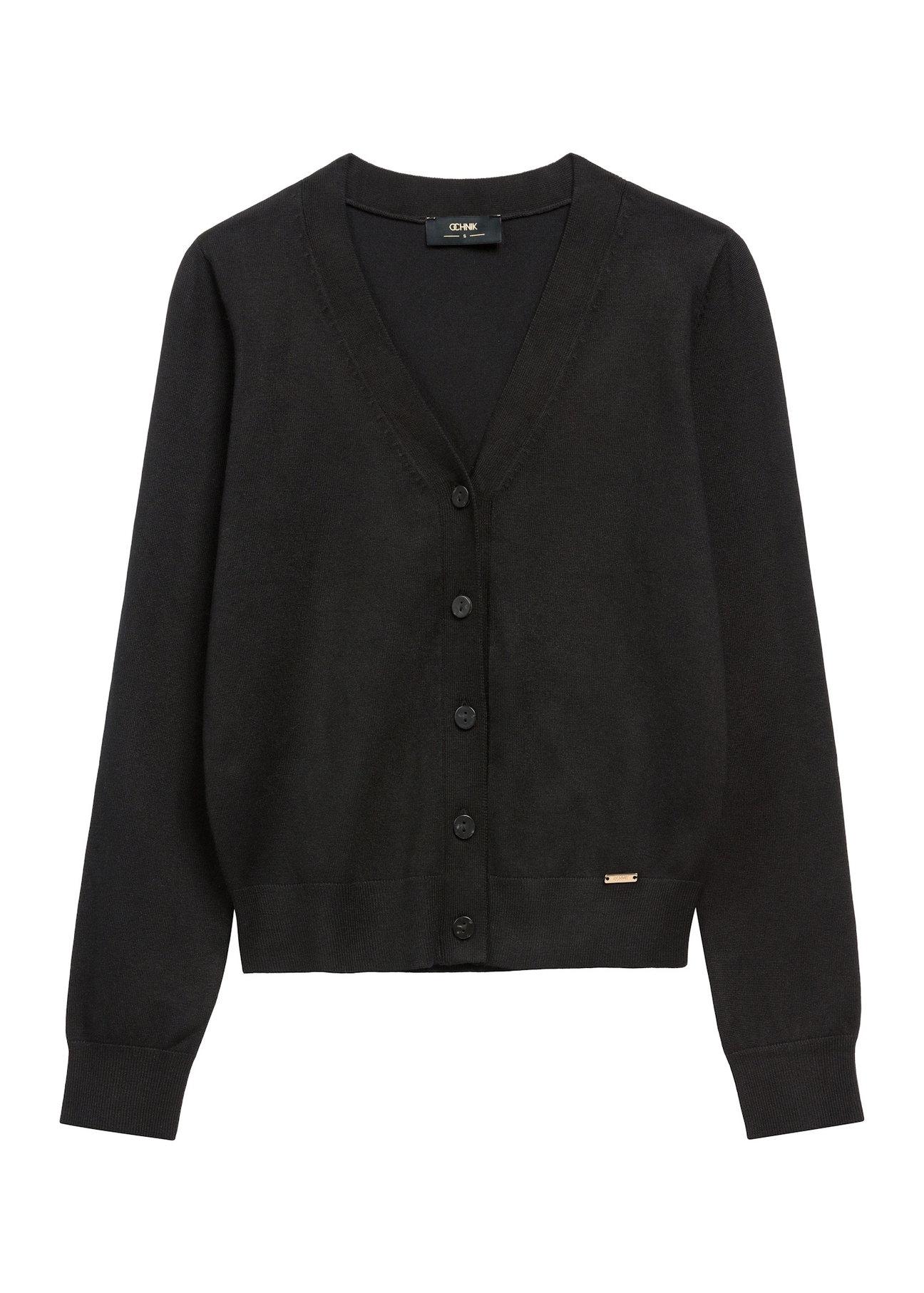 Czarny kardigan damski KARDT-0061-99(W26), widok produktu z przodu na białym tle.