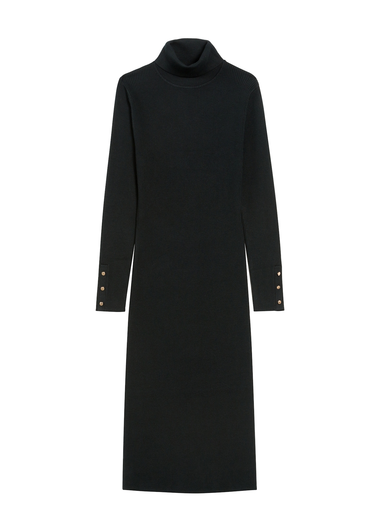 Czarna sukienka midi z golfem SUKDT-0205-99(Z25) widok produktu od przodu na białym tle.