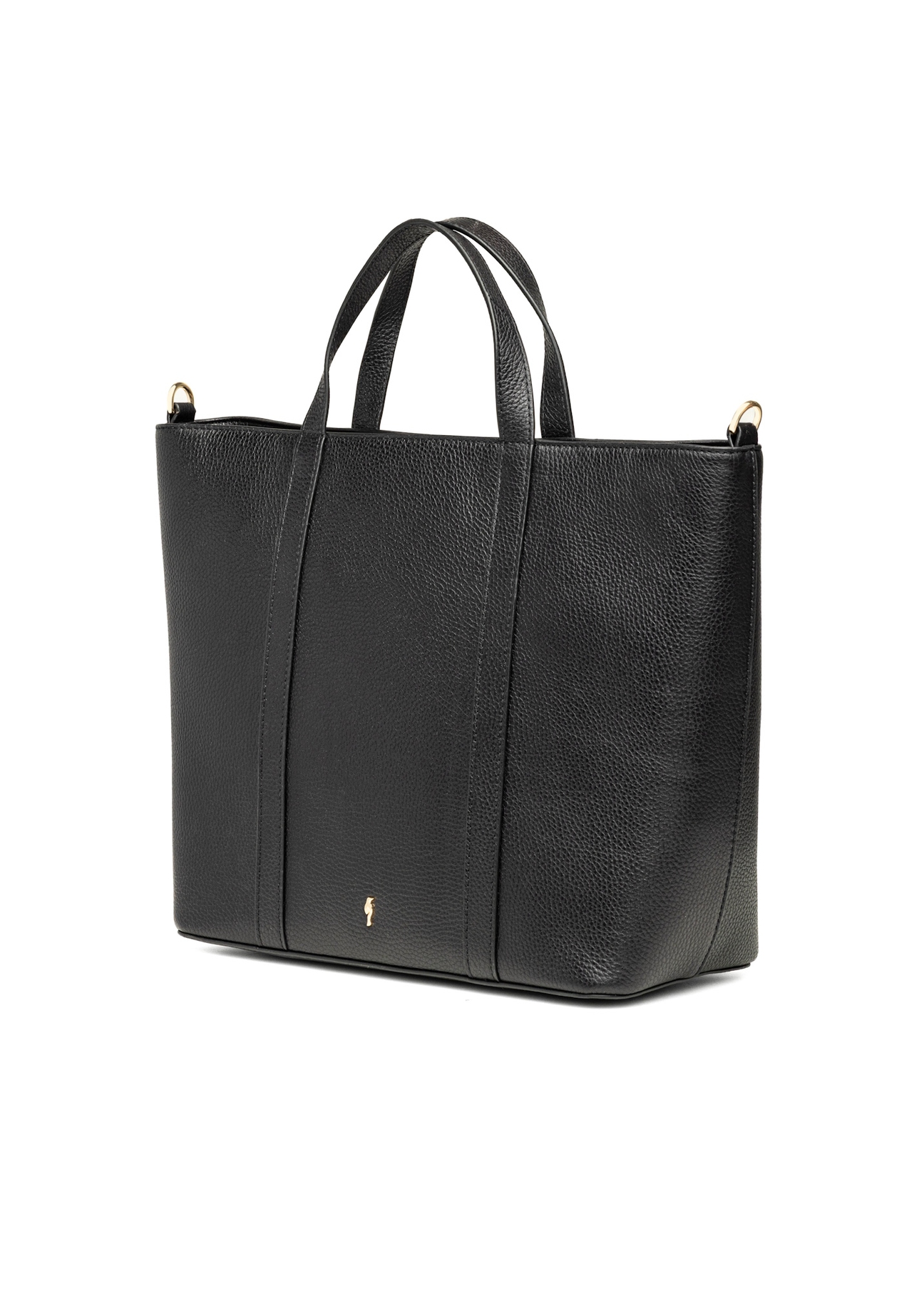 Czarna skórzana torebka shopper TORES-1272-9I(W26), widok produktu skosem na białym tle.