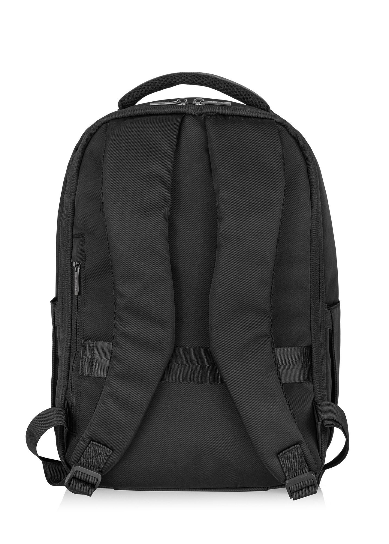 Czarny plecak PLCMN-0014A-99(Z25), widok produktu z tyłu na białym tle.