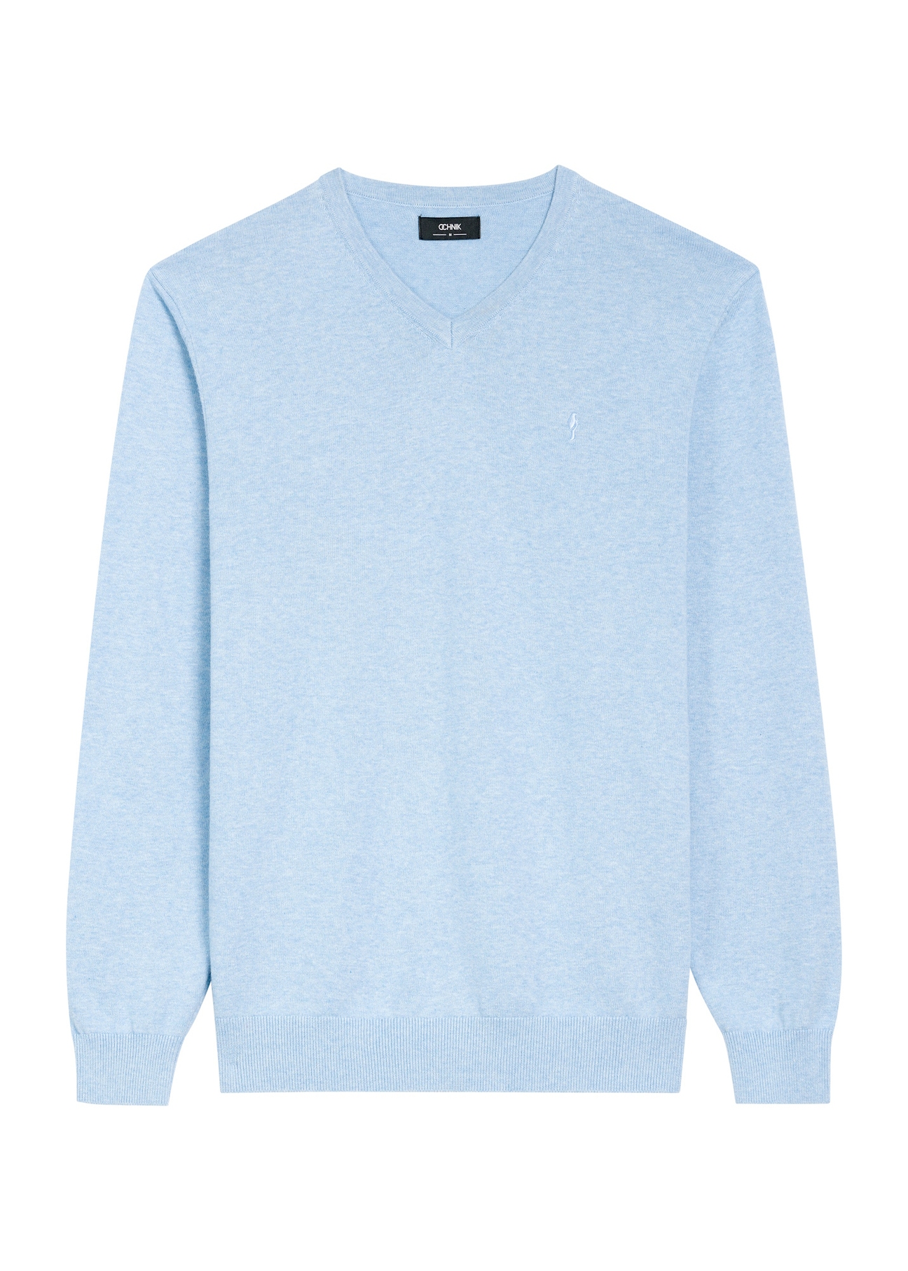 Niebieski sweter męski z logo SWEMT-0159A-61(Z25), widok produktu z przodu na białym tle.