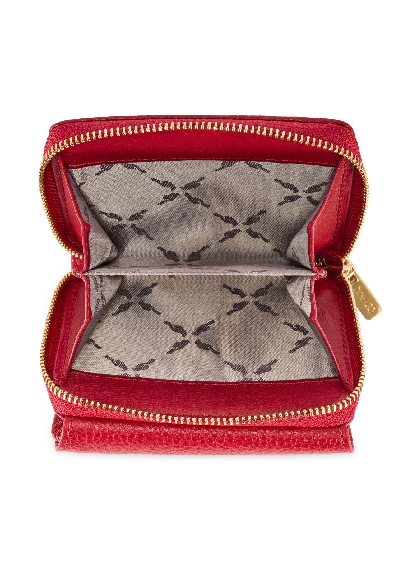 Mały czerwony skórzany portfel damski PORES-0802R-4B(W26), widok produktu w środku na białym tle.