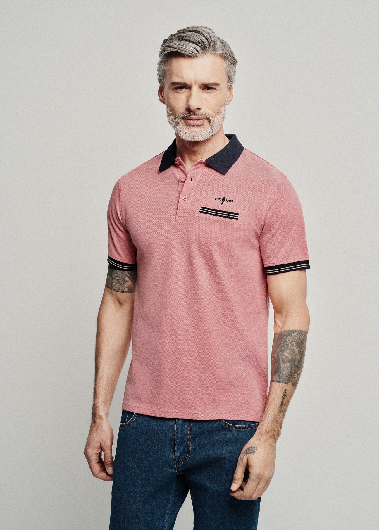 Łososiowa koszulka polo męska POLMT-0068-43(W24)-04