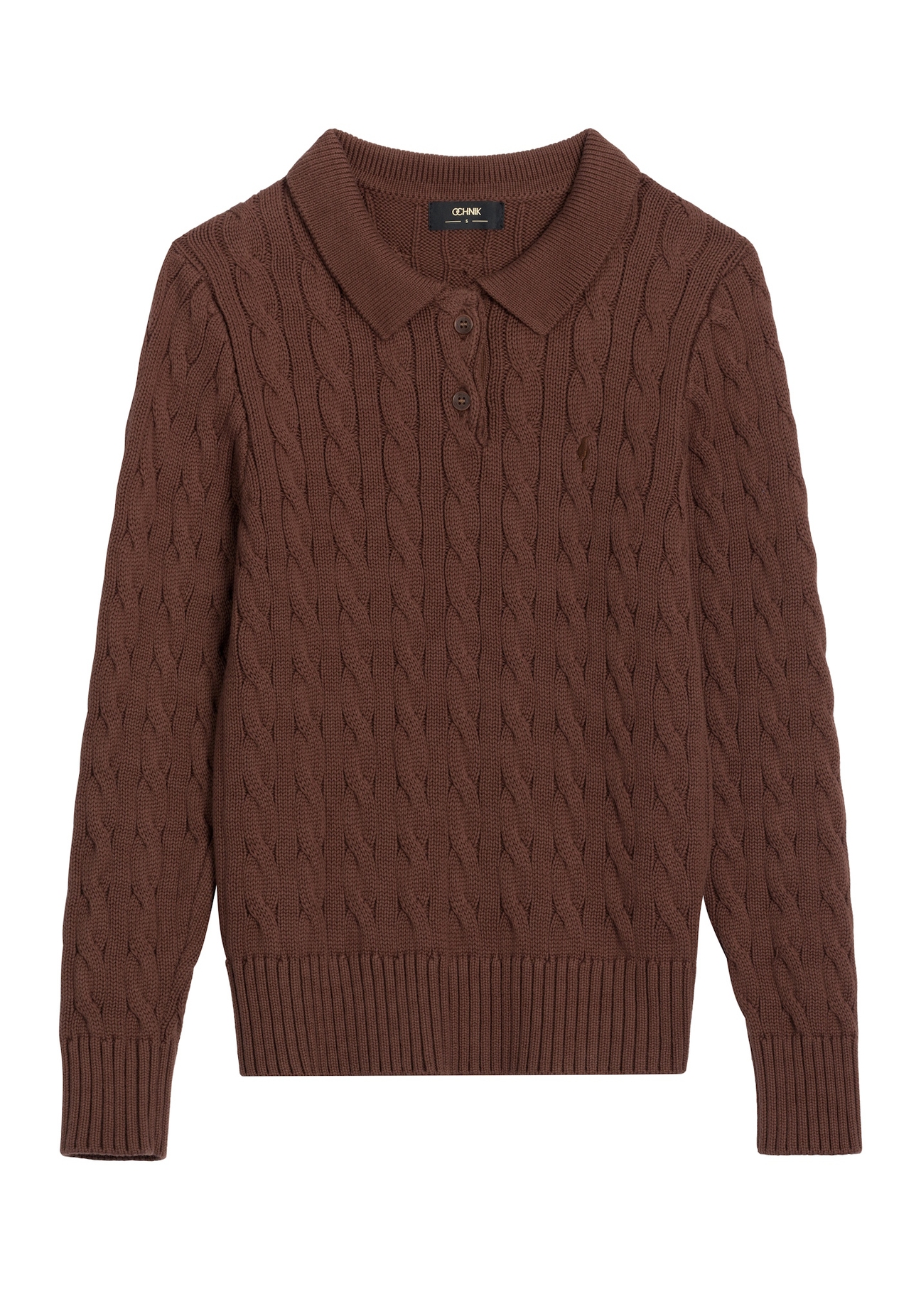 Brązowy bawełniany sweter polo damski SWEDT-0281-1H(Z26), widok produktu z przodu na białym tle.