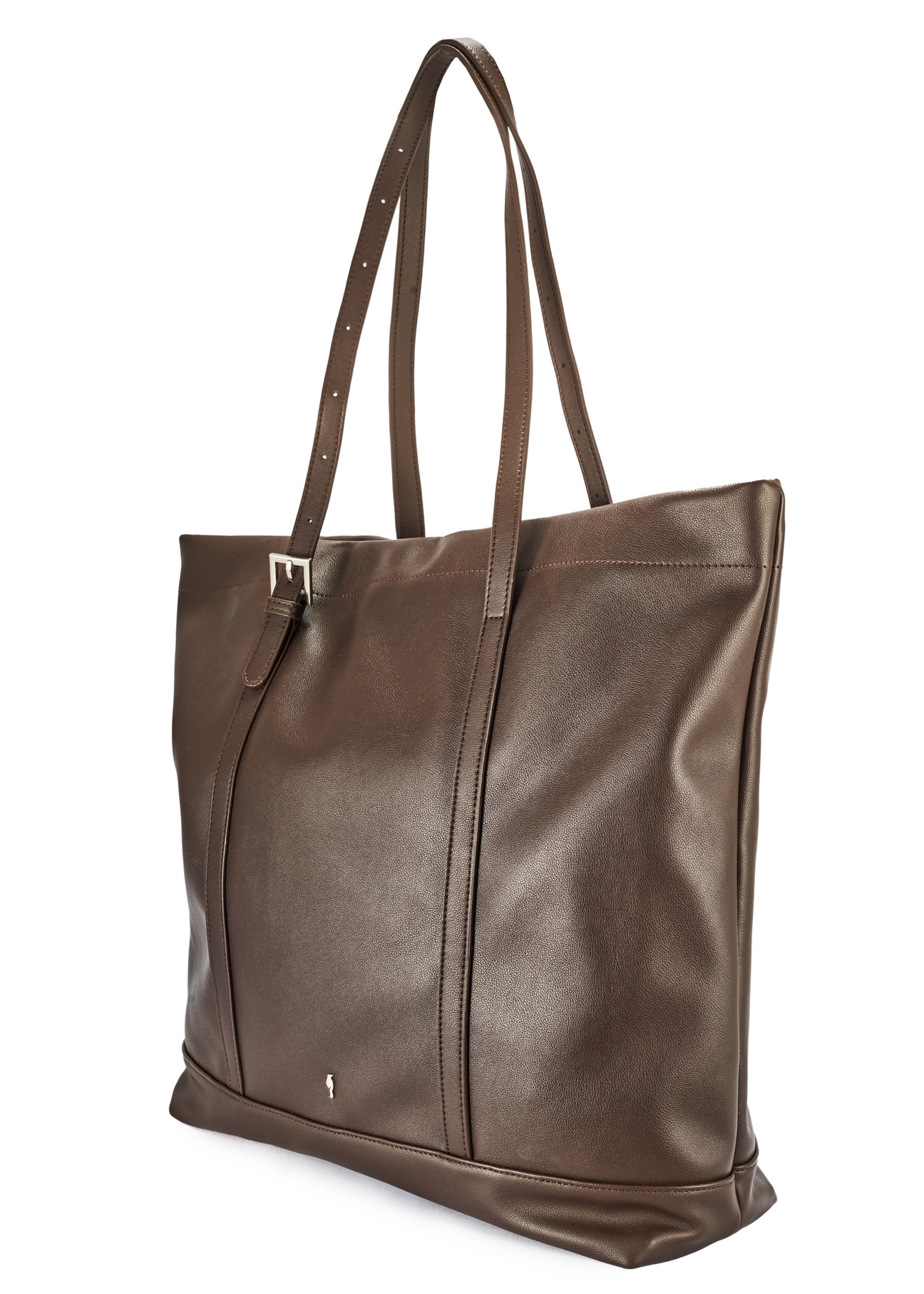 Duża brązowa torebka damska shopper TOREC-1067-89(Z25), widok produktu skosem na białym tle.