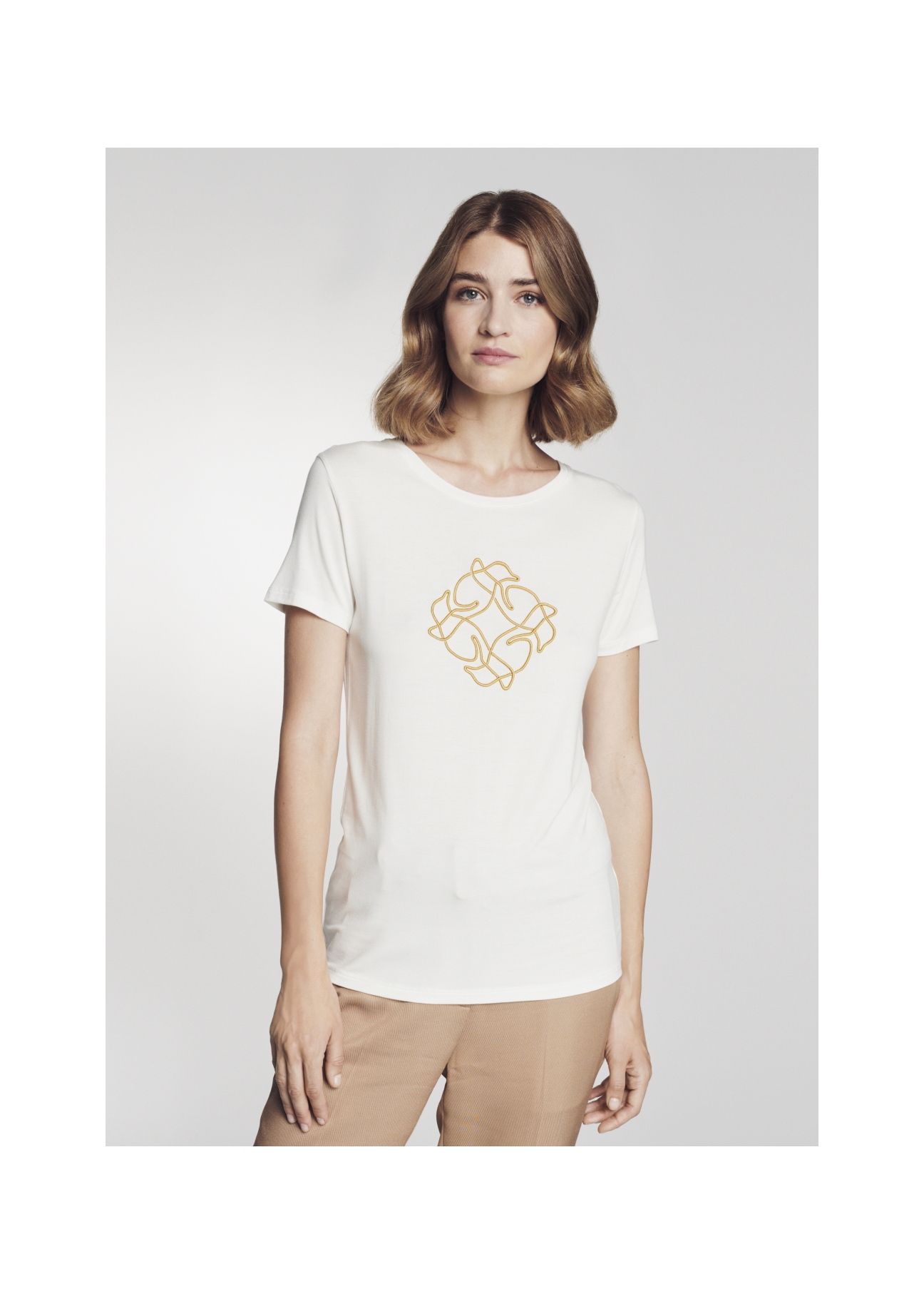 Kremowy T-shirt damski z wilgą TSHDT-0078-16(Z21)-01