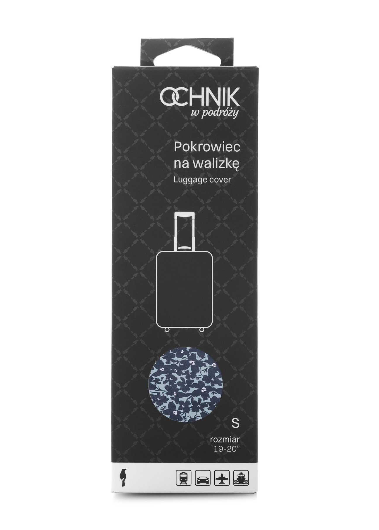 Pokrowiec na małą walizkę w kwiaty AW-013-0004-15-S(W25), widok produktu w opakowaniu na białym tle.