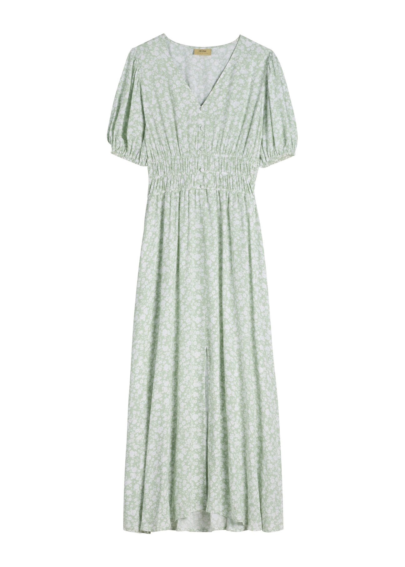 Długa sukienka w kwiaty w kolorze szałwiowym SUKDT-0191-8P(W26), widok produktu z przodu na białym tle.