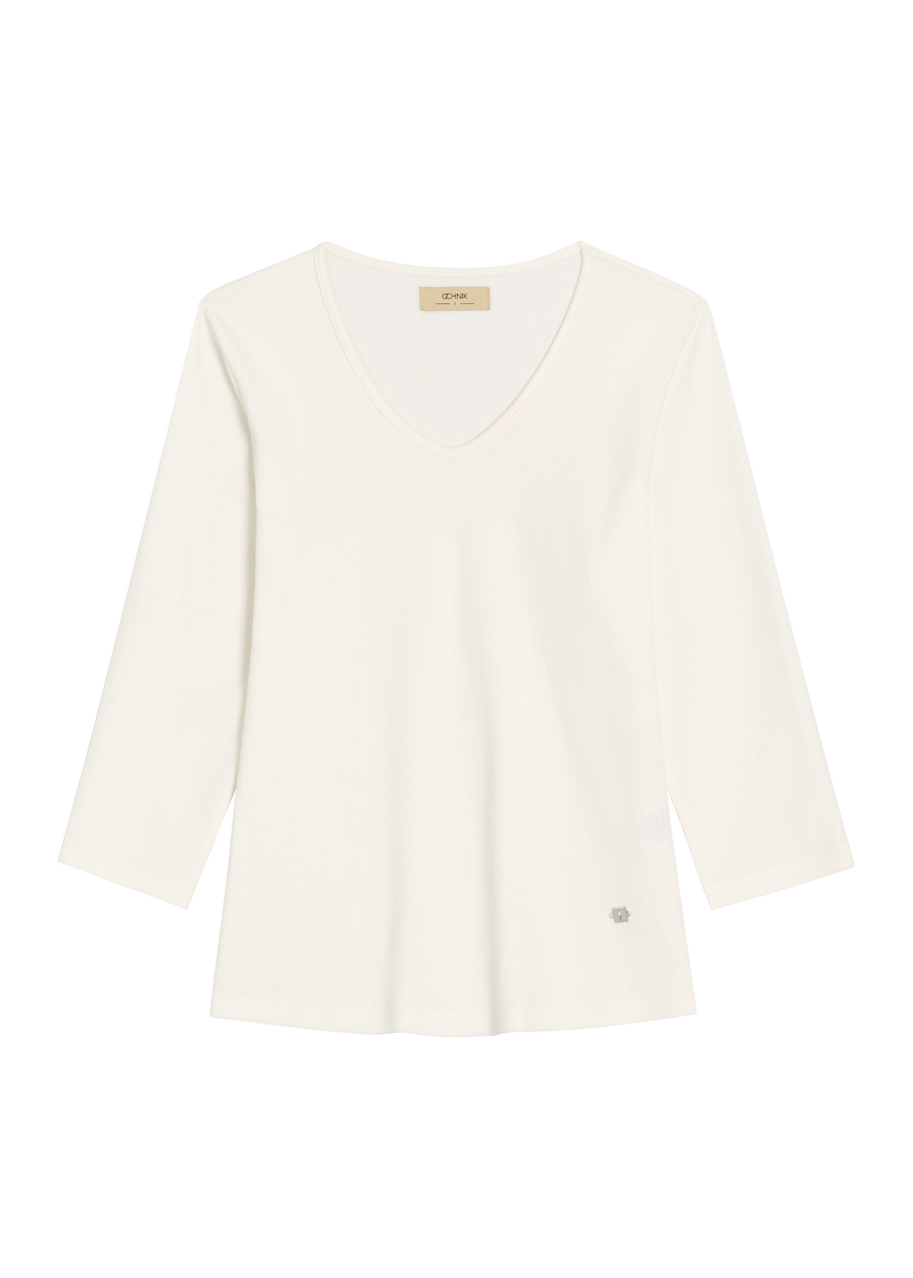 Kremowa bluzka damska z dekoltem V-neck LSLDT-0036-0B(W26), widok produktu z przodu na białym tle.