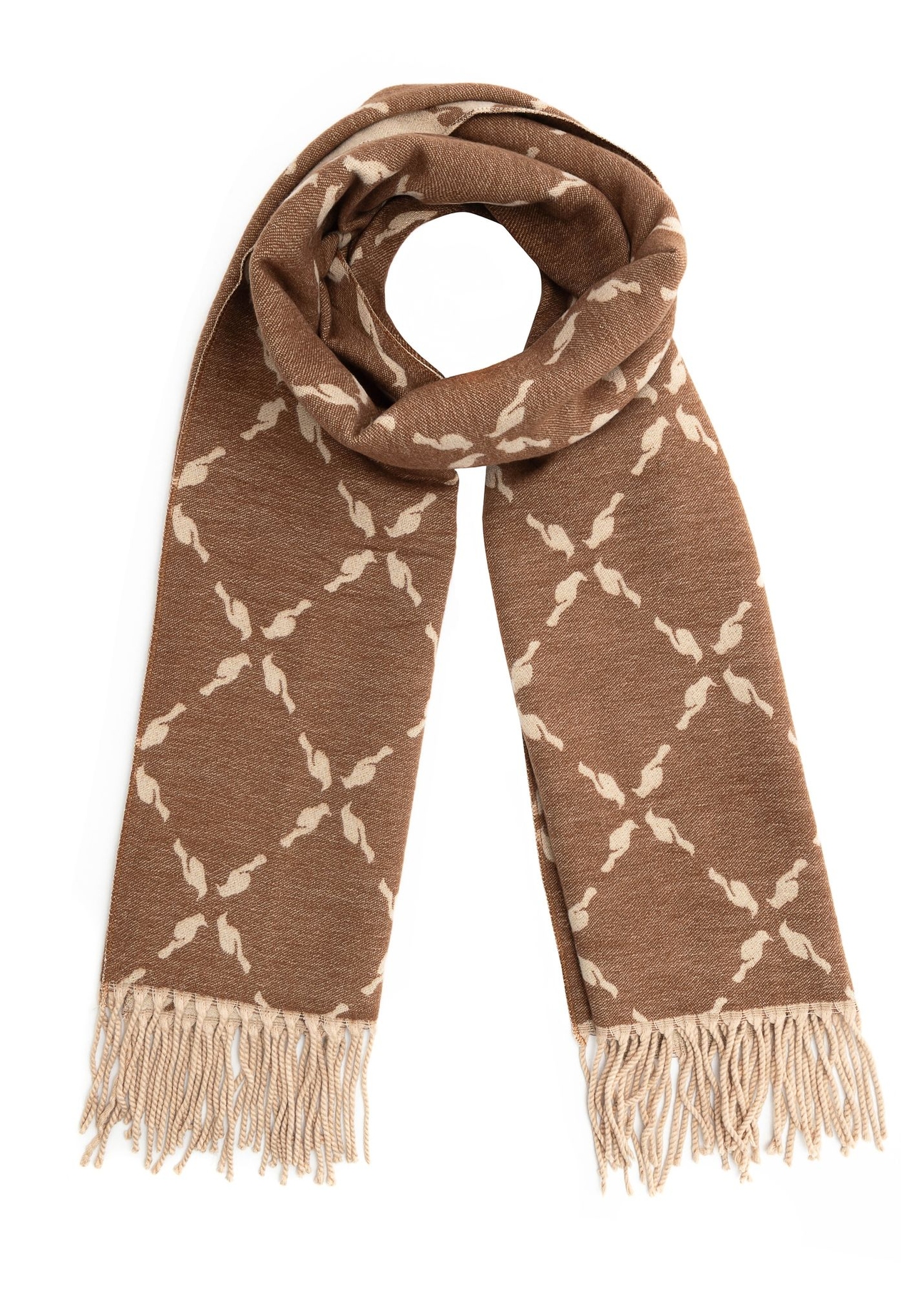 Dwustronny szalik damski z monogramem SZADT-0206-1D(Z26), widok produktu od przodu na białym tle.