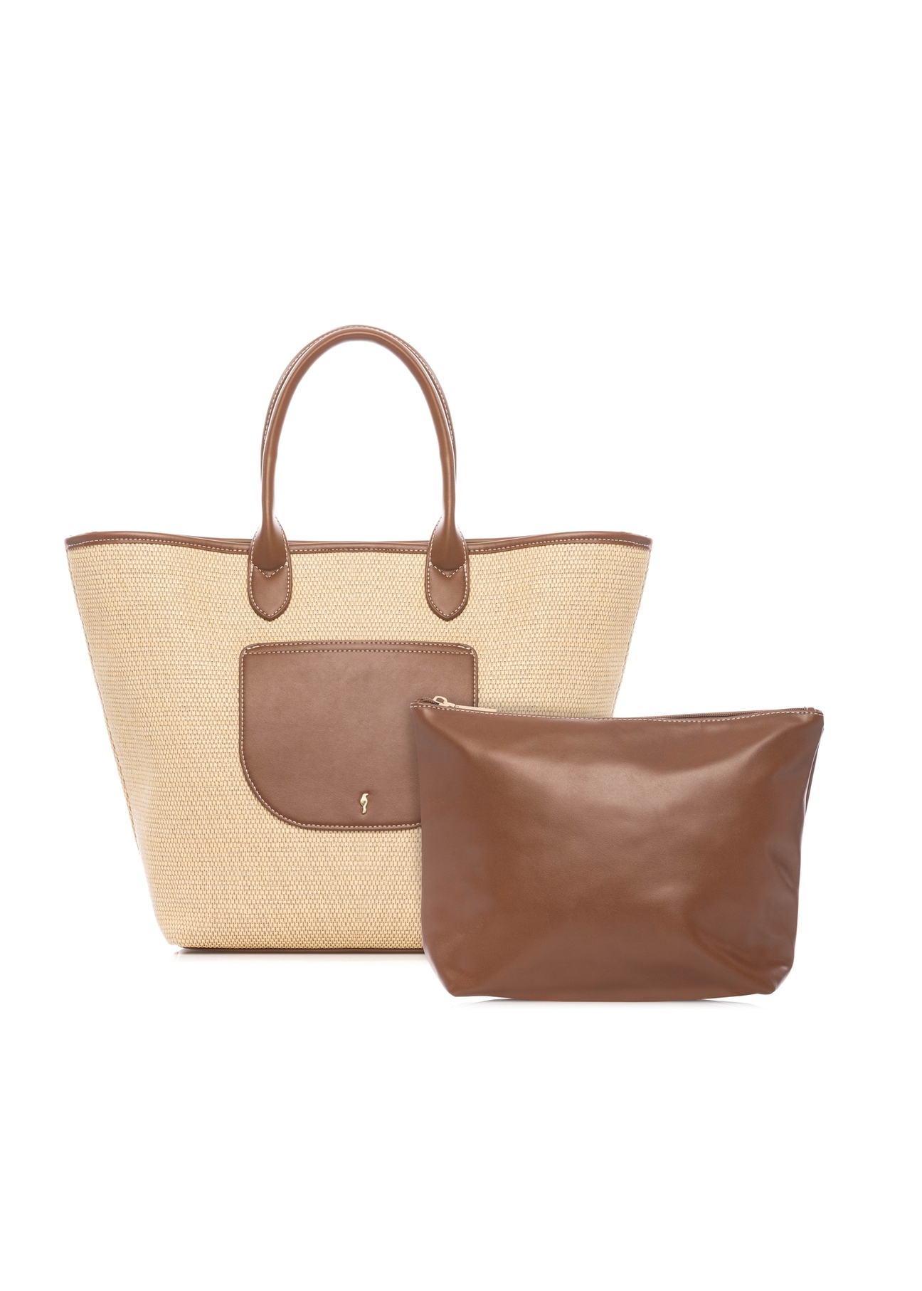 Słomkowa duża torebka damska TOREC-1229-1E(W26), widok produktu z przodu z kosmetyczką, na białym tle. 