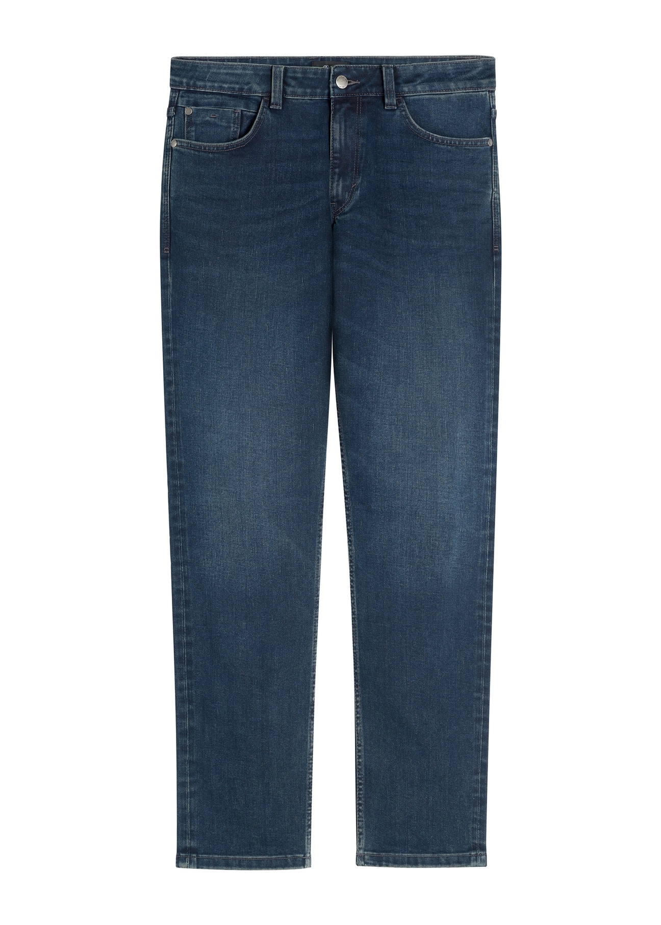 Ciemnoniebieskie jeansowe spodnie męskie JEAMT-0022-7C(W26) - widok produktu z przodu, na białym tle. 