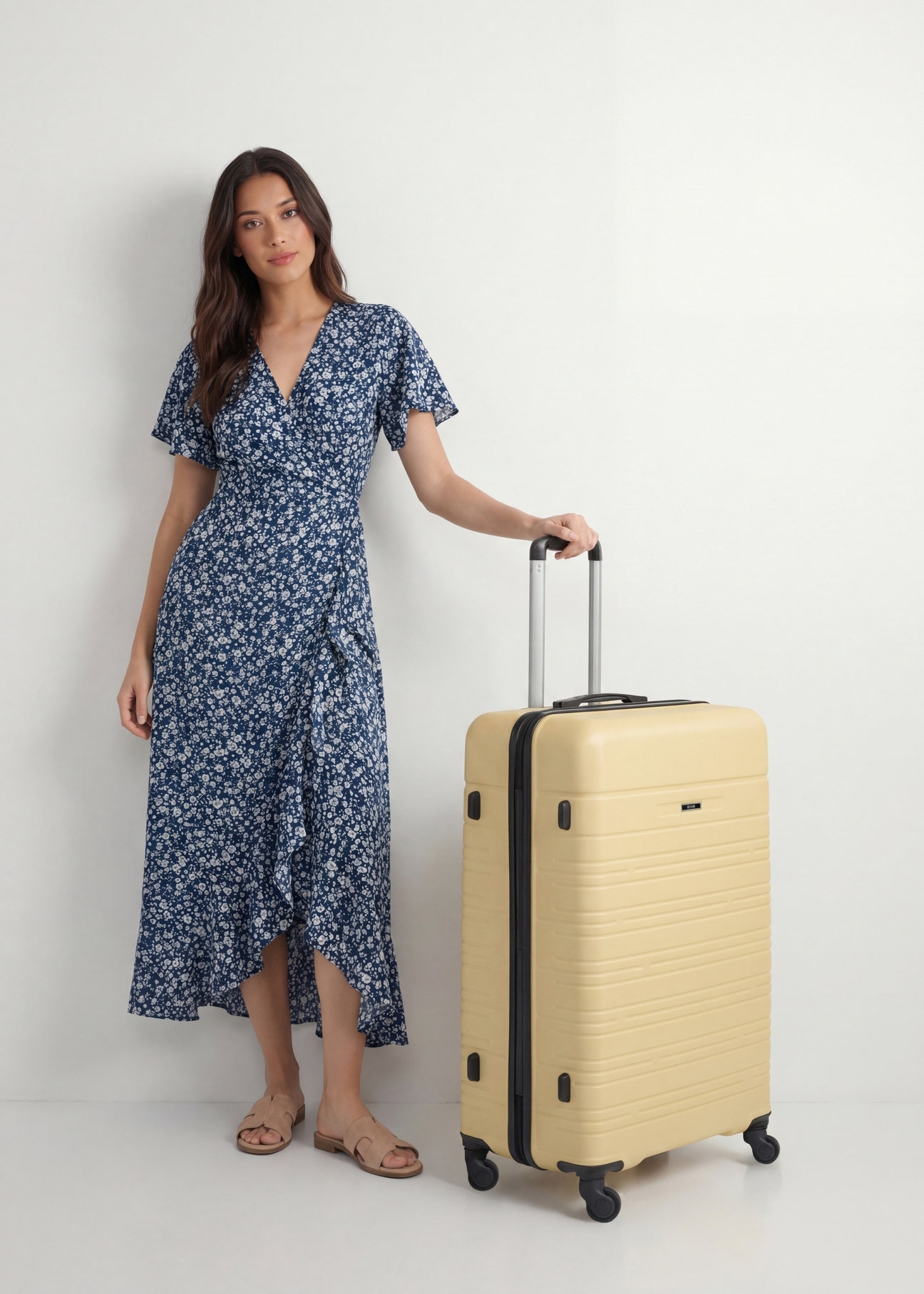 Walizka duża na kółkach WALAB-0083-2B-28(W26), widok produktu skosem obok sylwetki modelki.