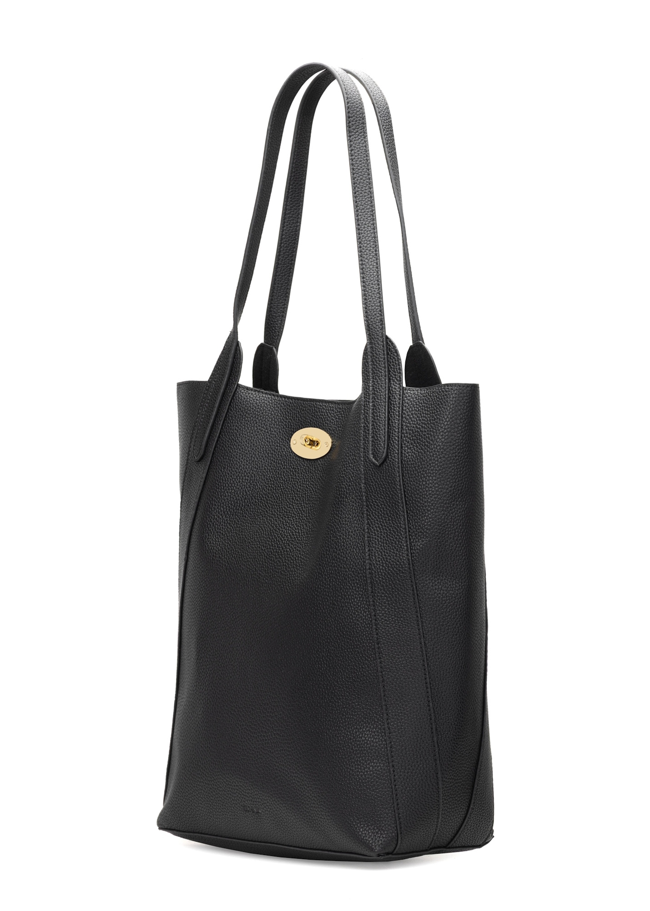 Czarna duża torebka damska shopper TOREC-1142-9I(W26), widok produktu skosem na białym tle.