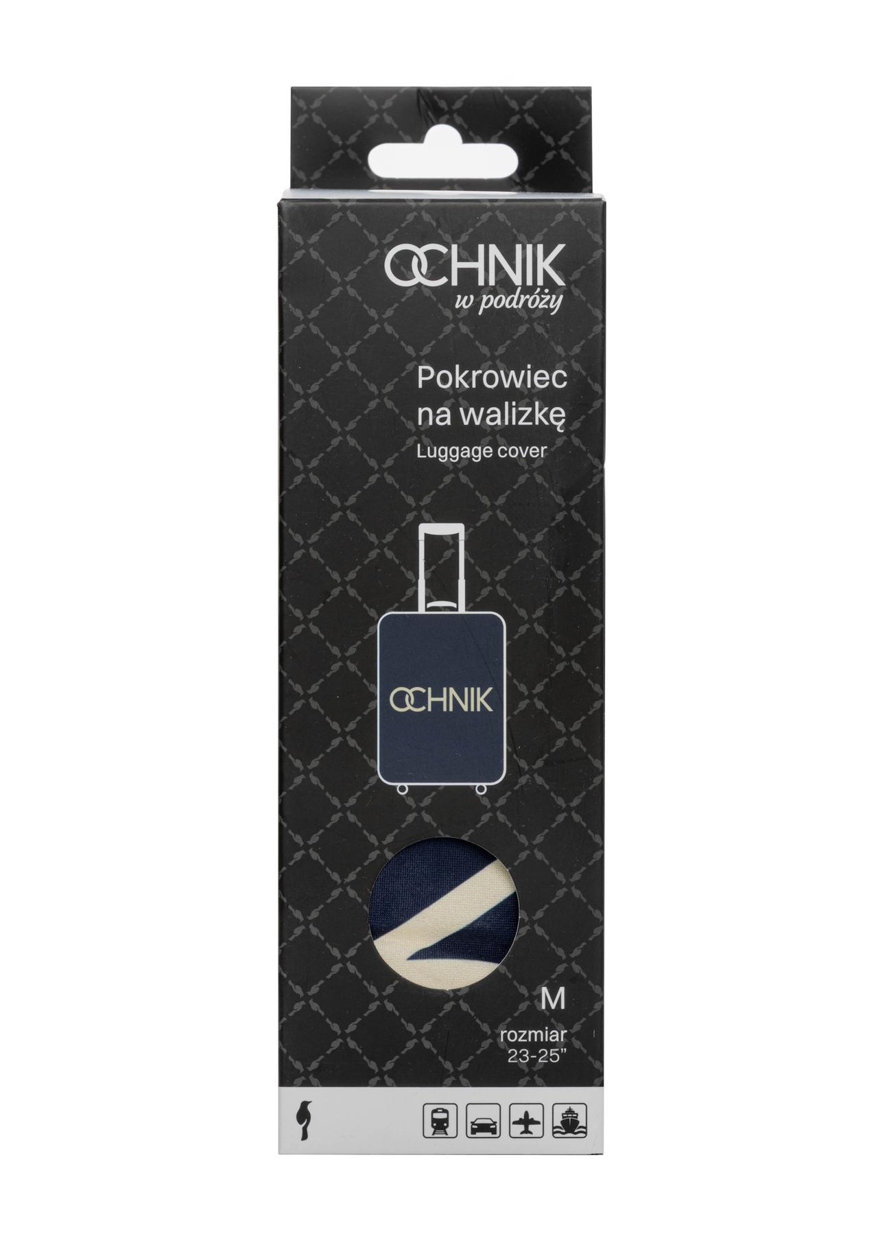 Granatowy pokrowiec na średnią walizkę AW-013-0002-7D-M(W26), widok produktu z przodu w opakowaniu.