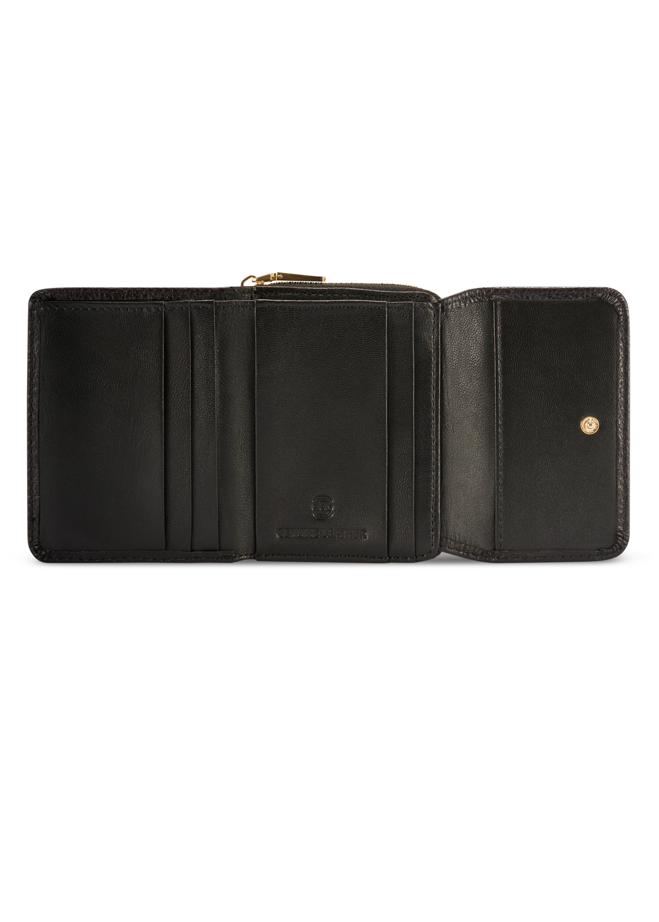 Czarny skórzany portfel damski z ochroną RFID PORES-0825RFID-99(Z25), widok produktu od środka na białym tle.