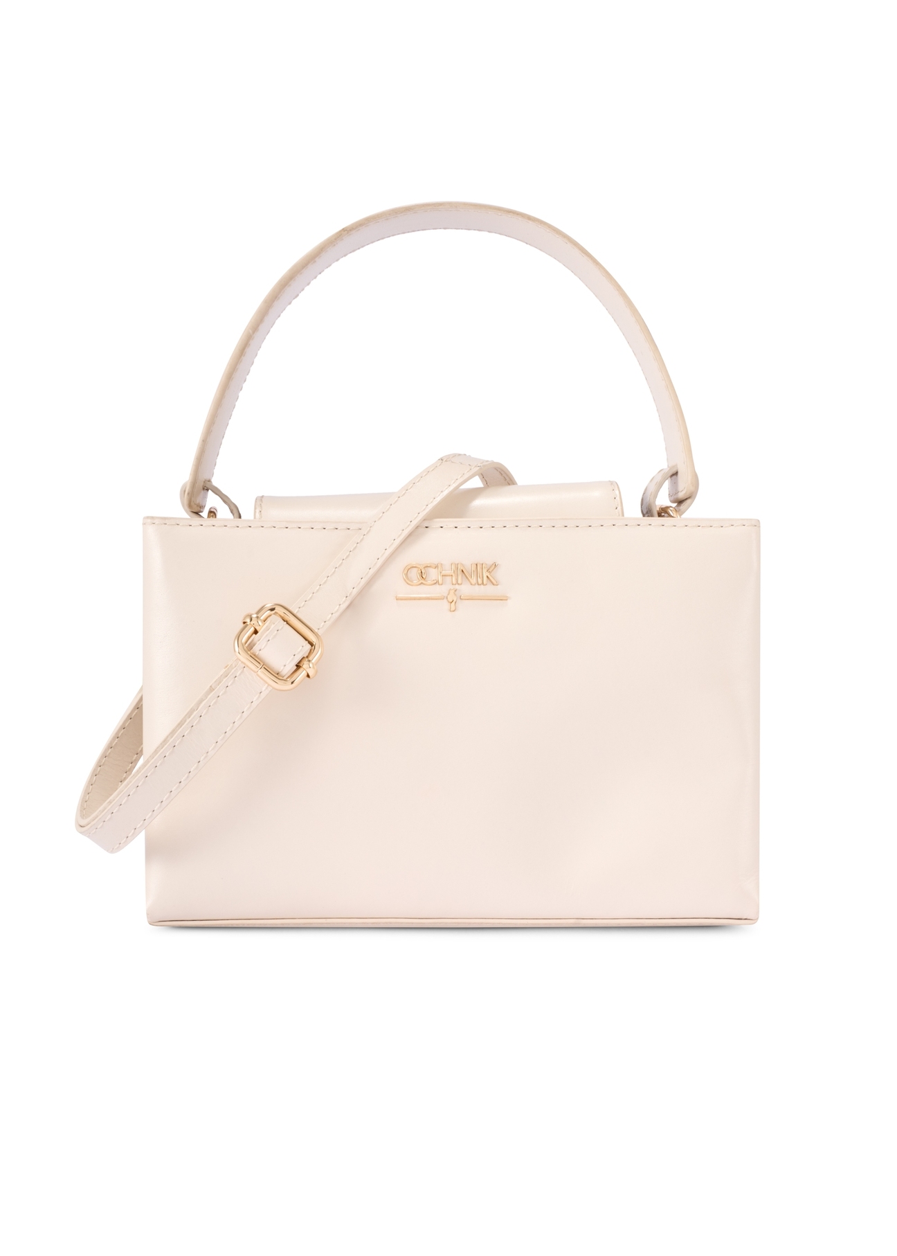 Skórzana kremowa torebka kuferek TORES-1270-0B(W26) - widok produktu z przodu, na białym tle. 