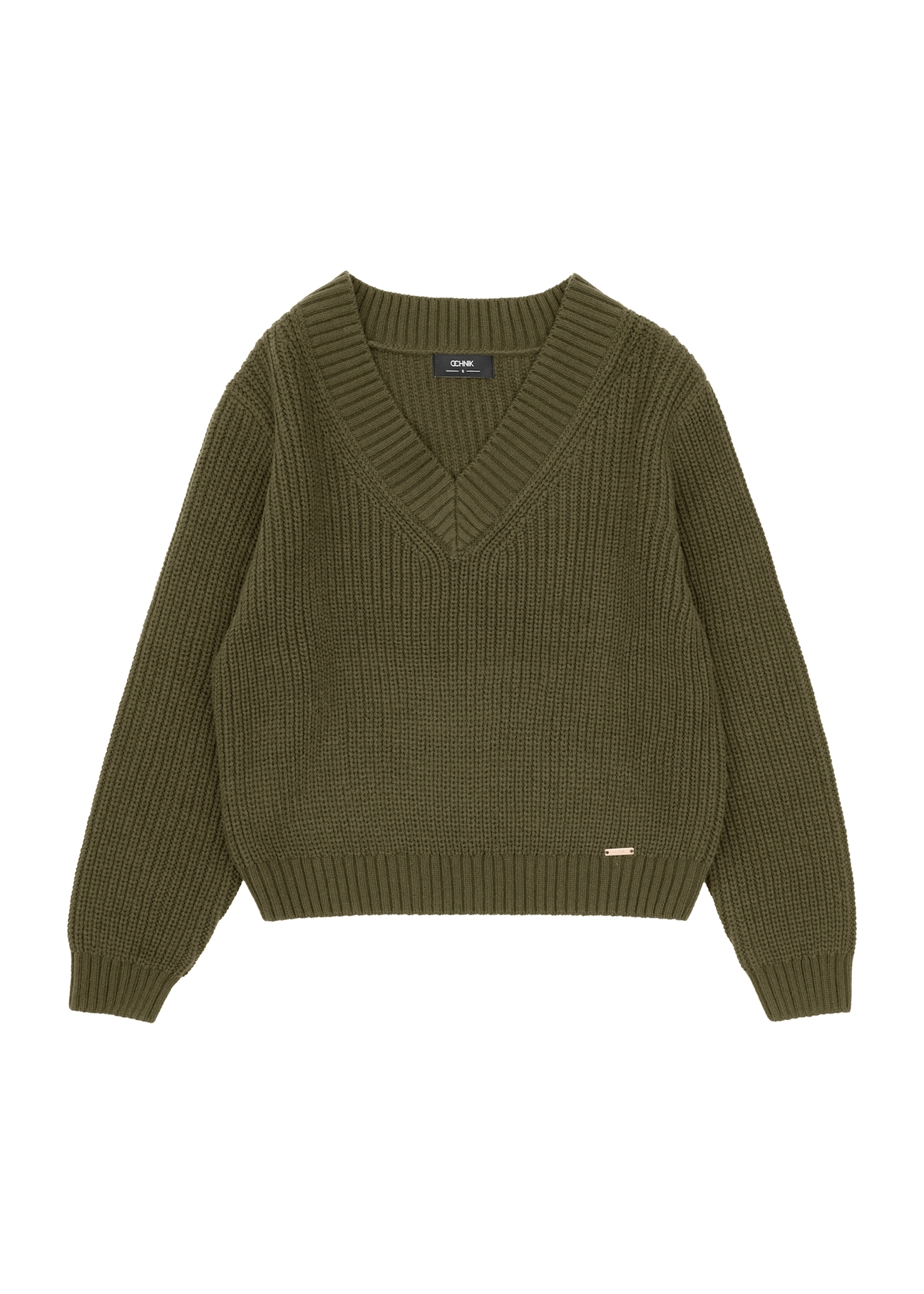 Sweter damski khaki SWEDT-0162-55(Z25), widok produktu przodem na białym tle.