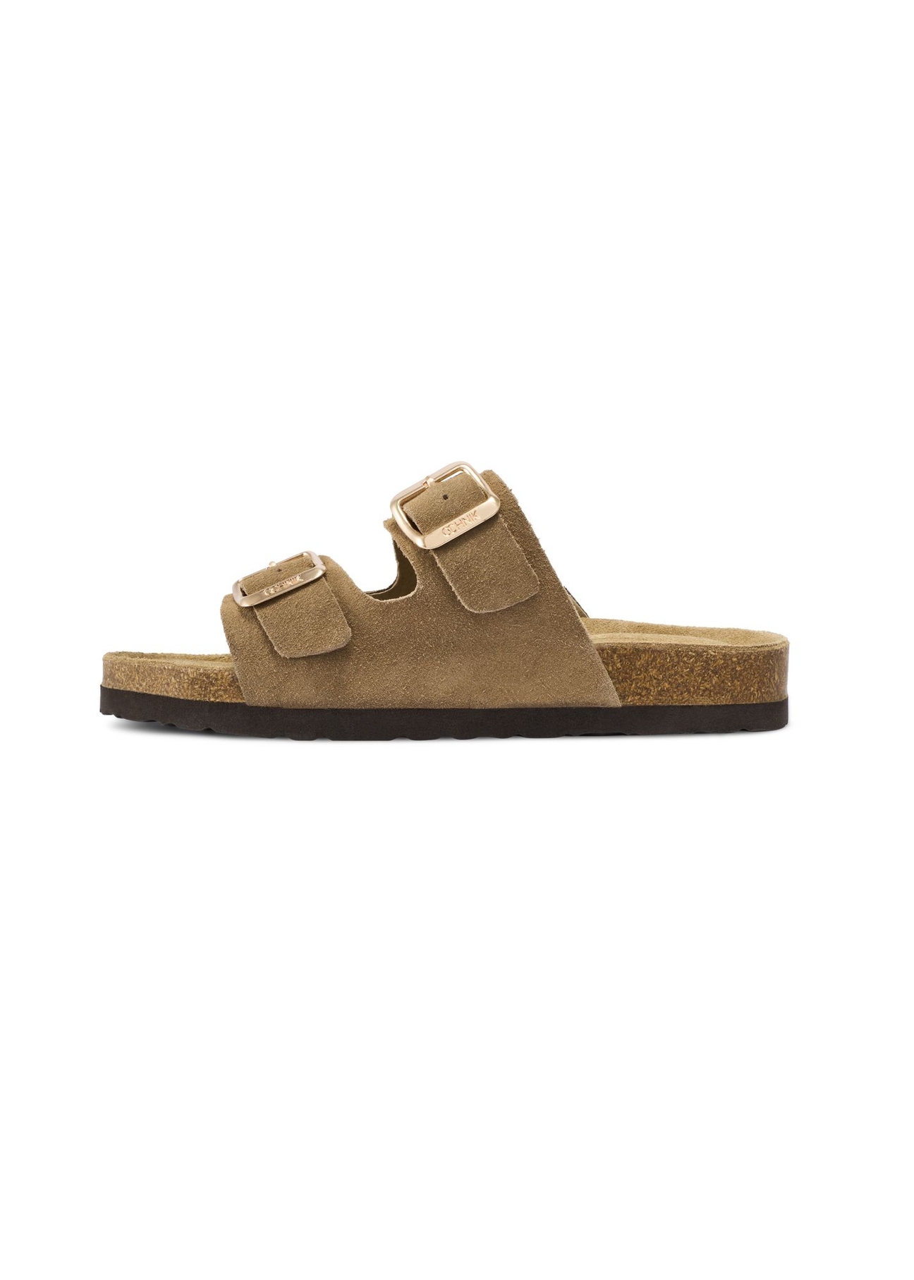 Skórzane klapki damskie w kolorze chłodnego beżu BUTYD-1158-1K(W26), widok produktu z boku na białym tle.