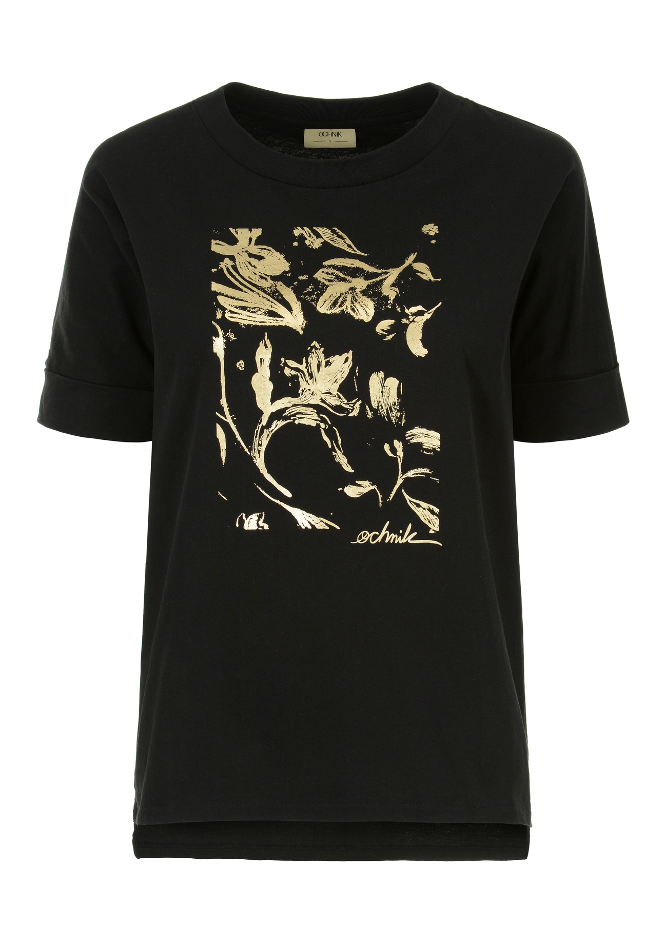 Czarny T-shirt damski ze złotym nadrukiem TSHDT-0102-99(Z22)-04
