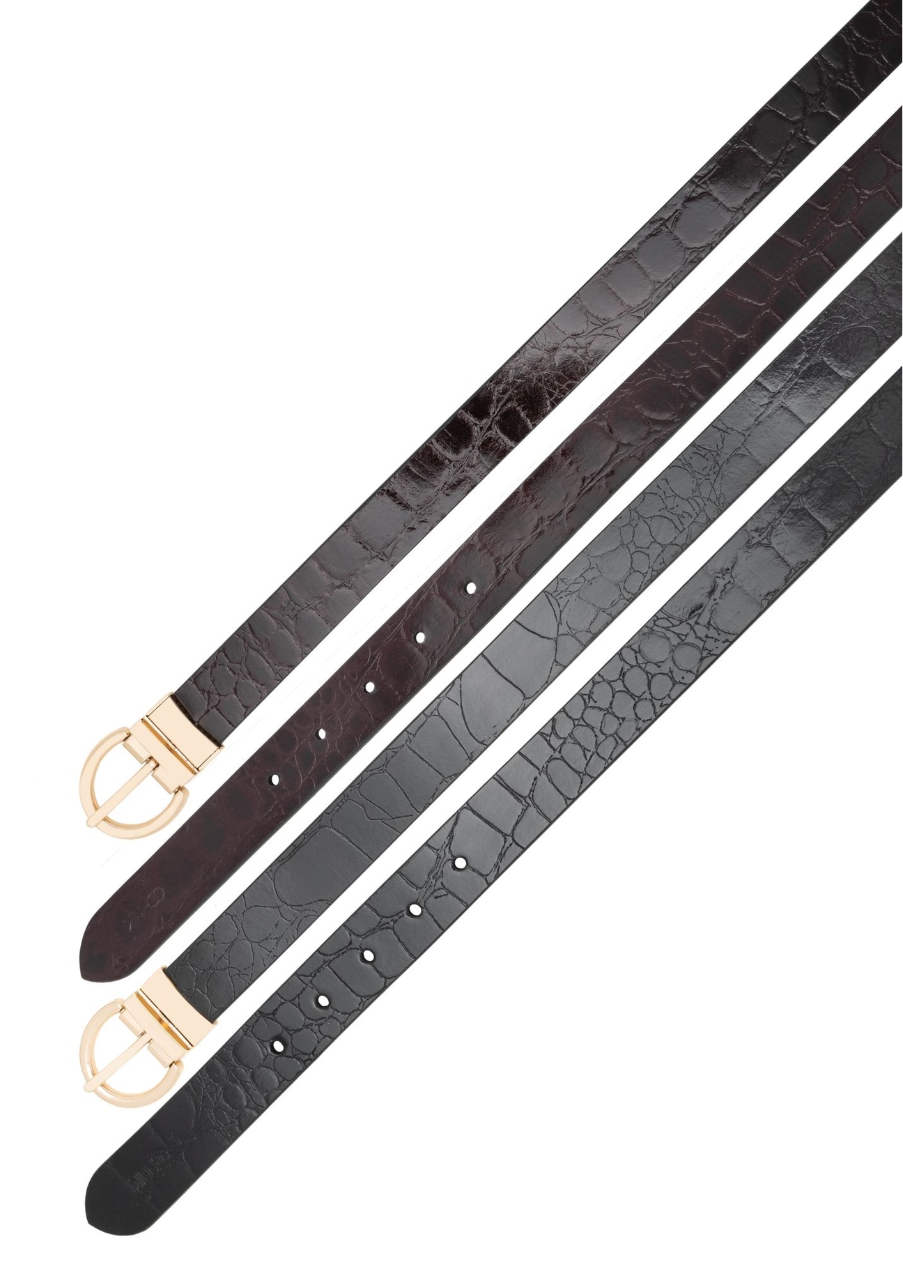 Dwustronny skórzany pasek damski croco PASDS-0332-4D(Z26), widok na zapięcie produktu na białym tle.