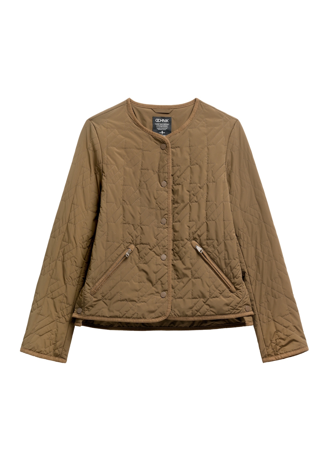 Brązowa pikowana kurtka damska KURDT-0620-1H(W26), widok produktu z przodu na białym tle.