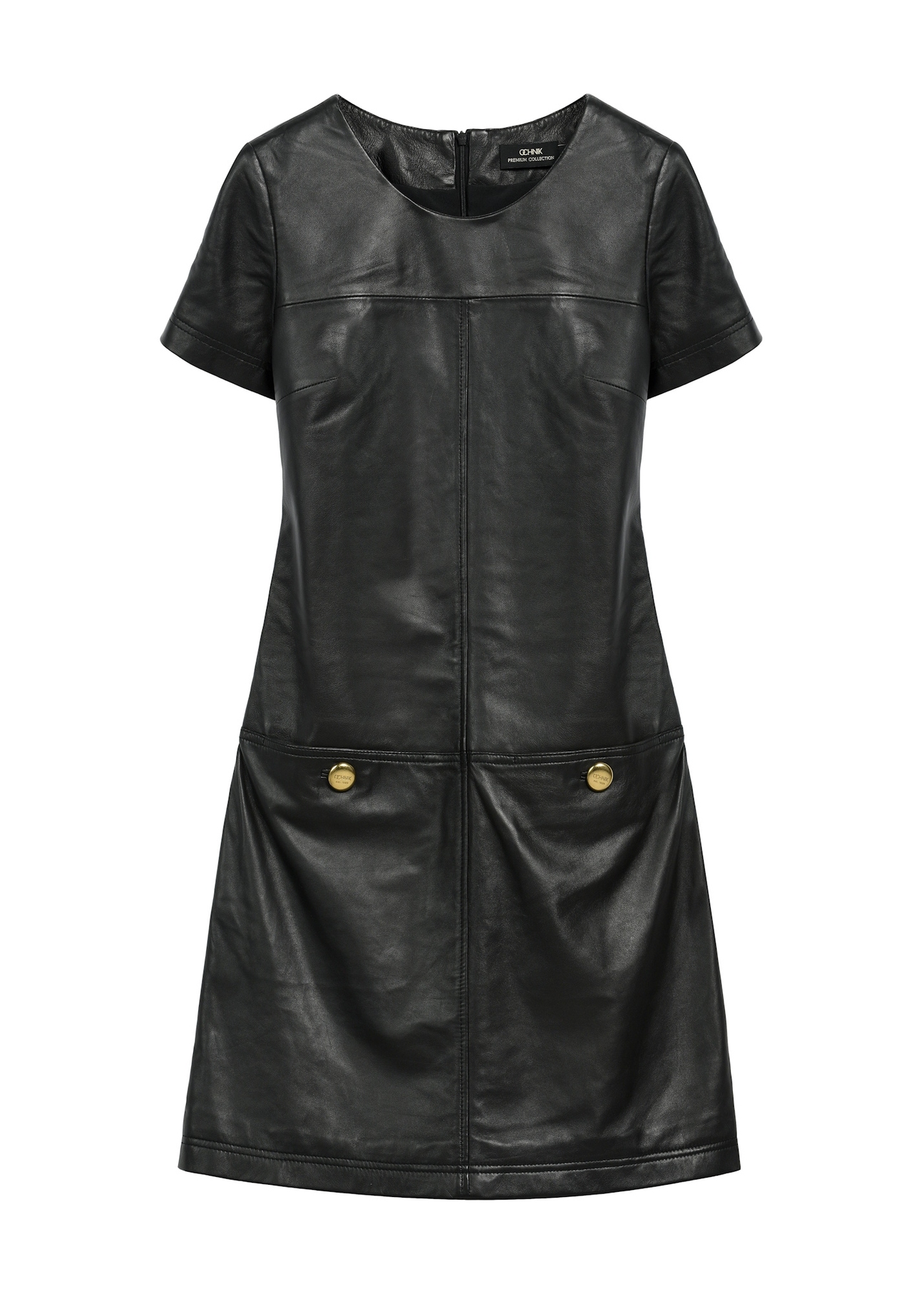 Czarna skórzana sukienka mini SUKDS-0052-1276(Z25) - widok produktu z przodu na białym tle. 