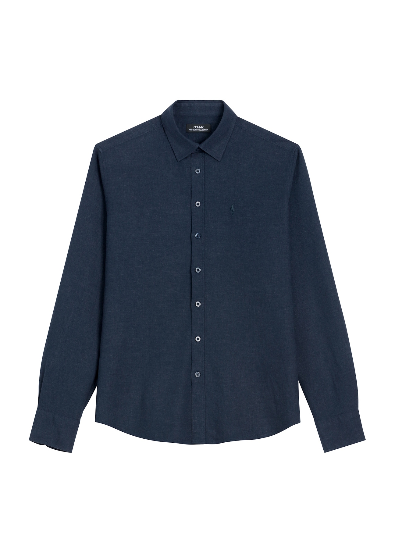 Granatowa lniana koszula męska KOSMT-0362-7E(W26),  widok produktu z przodu na jasnym tle. 