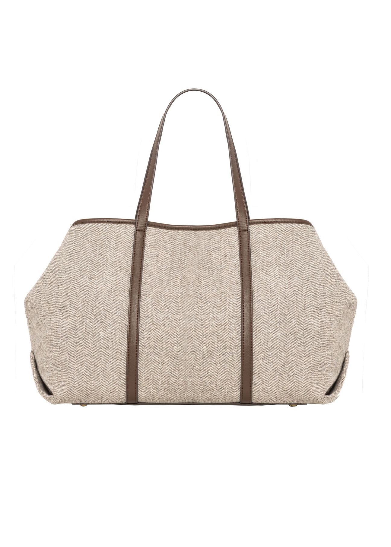 Beżowa torebka shopper w jodełkę TOREC-1330-1P(Z26) - widok produktu z tyłu, na białym tle.