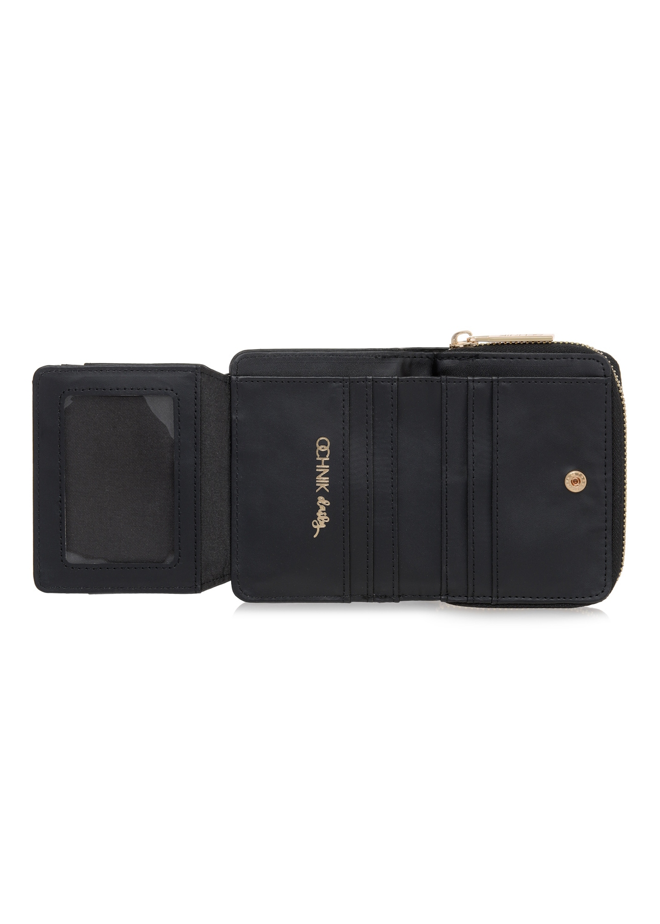 Mały czarny portfel damski z monogramem POREC-0349A-99(Z25), widok produktu w środku na białym tle.
