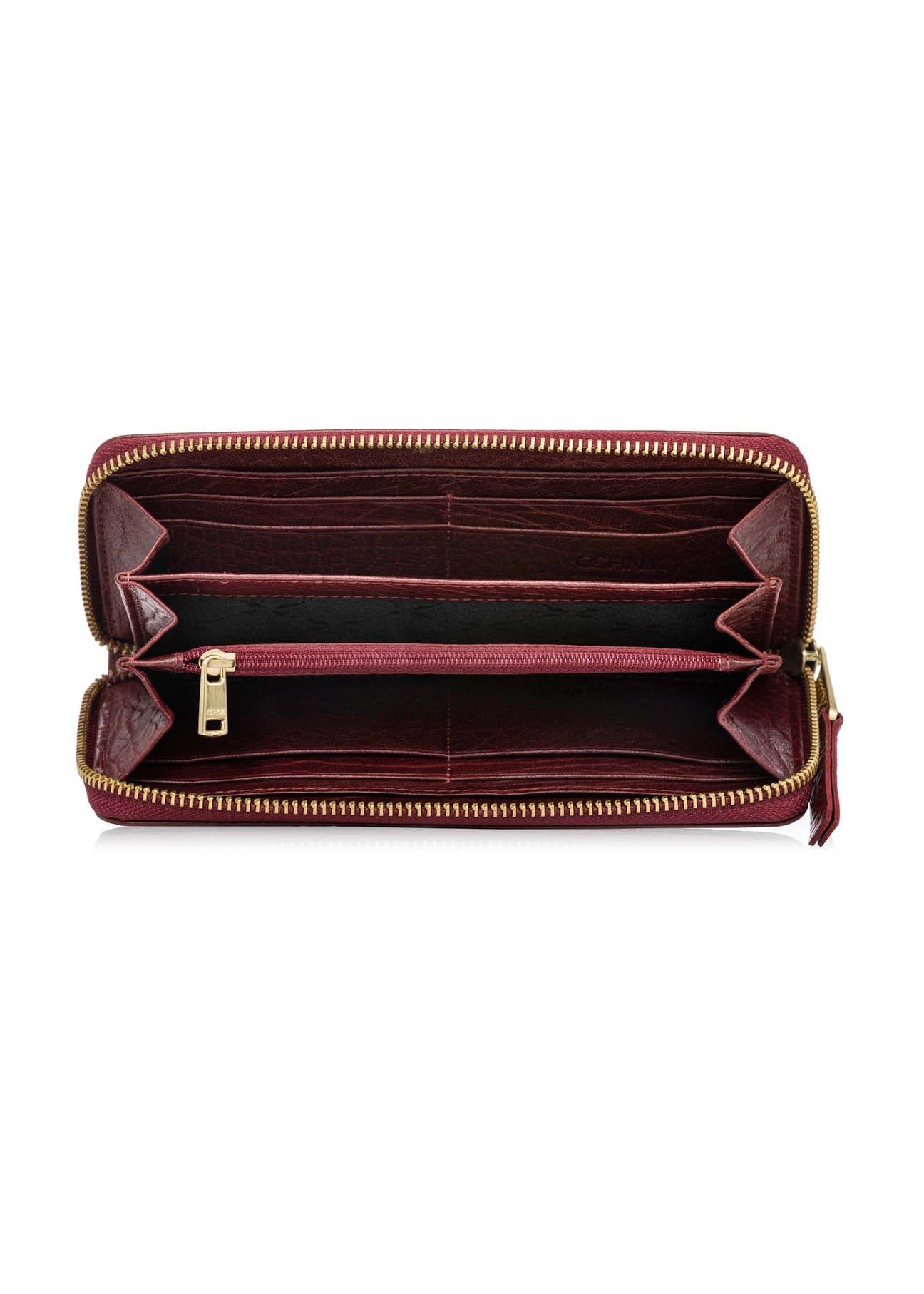 Ciemnoczerwony skórzany portfel damski PORES-0985-4C(W26), widok produktu w środku na białym tle.