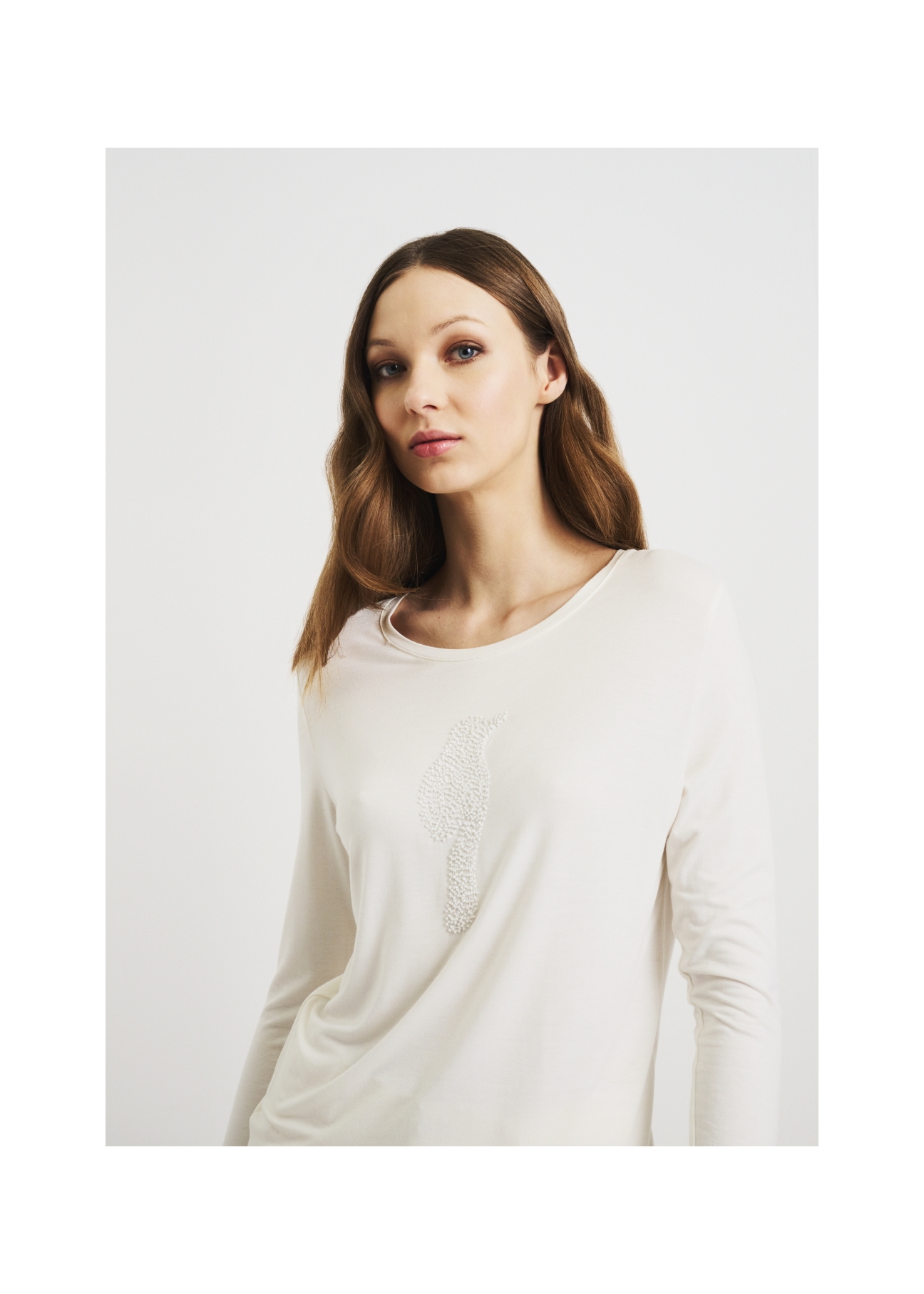 Kremowa bluzka damska longsleeve LSLDT-0024-12(W22)-06