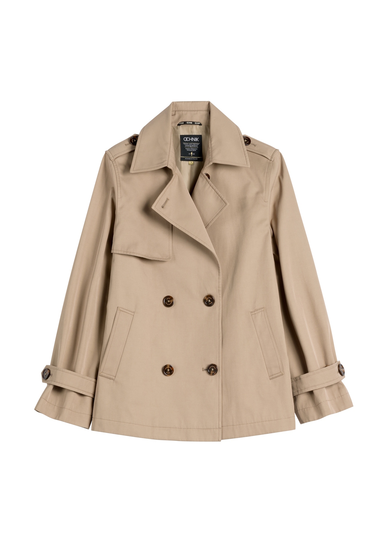 Beżowa krótka kurtka damska KURDT-0556-1C(W26), widok produktu z przodu na białym tle.