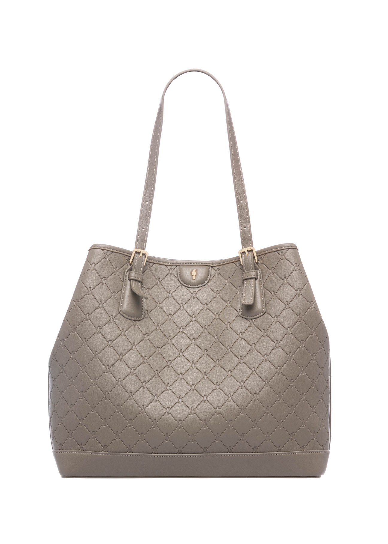 Jasnobrązowa torebka shopper z monogramem TOREC-1181-1K(W26), widok produktu z przodu na białym tle.